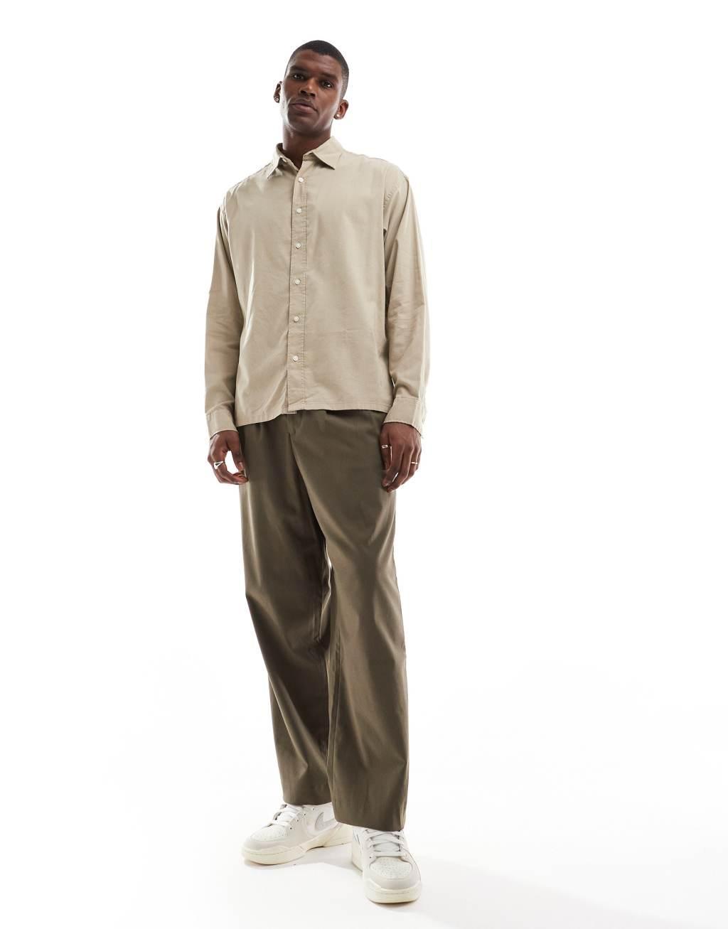 Jack & Jones boxy straight hem shirt in beige Product Image