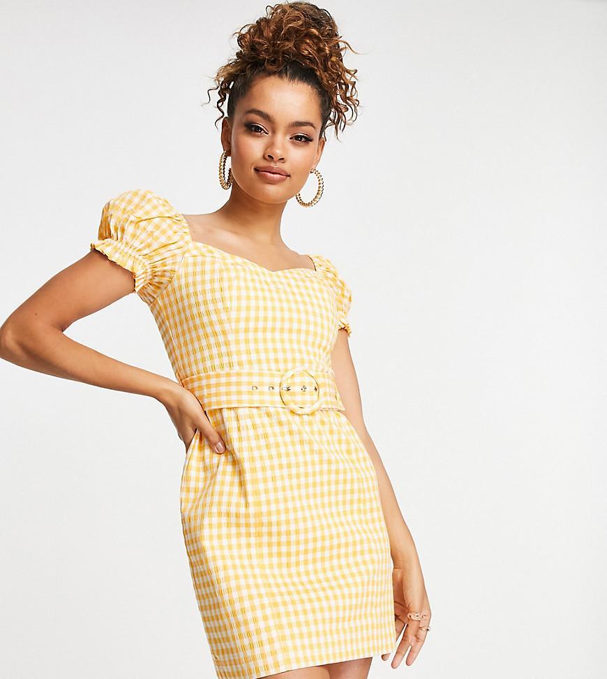 Ever New Petite puff sleeve belted mini dress in amber gingham Product Image