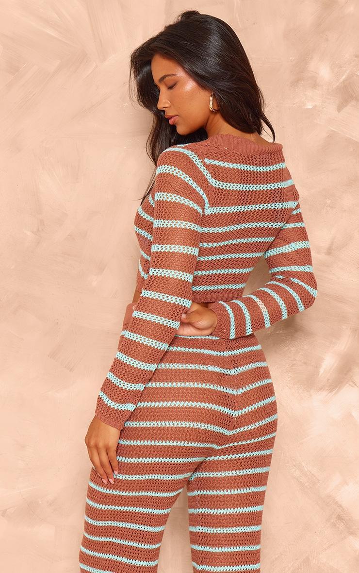 Mocha Stripe Crochet Knit Square Neck Long Sleeve Top Product Image