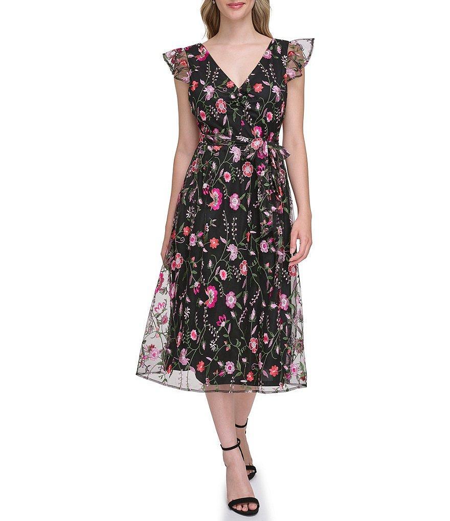 Kensie Embroidered V Neckline Flutter Cap Sleeve Fit and Flare Dress Product Image