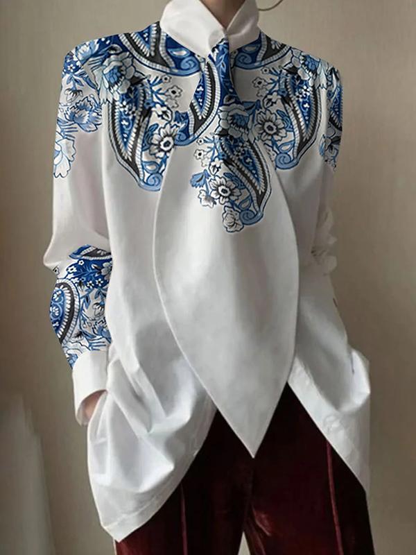 Long Sleeves Loose Flower Print Split-Joint Stand Collar Blouses&Shirts Tops Product Image