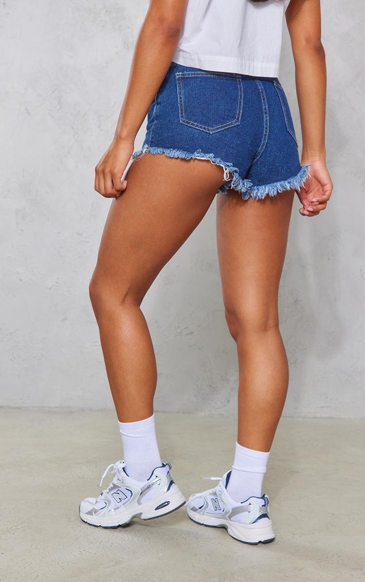 PRETTYLITTLETHING Dark Blue Wash Frayed Hem Denim Shorts Product Image