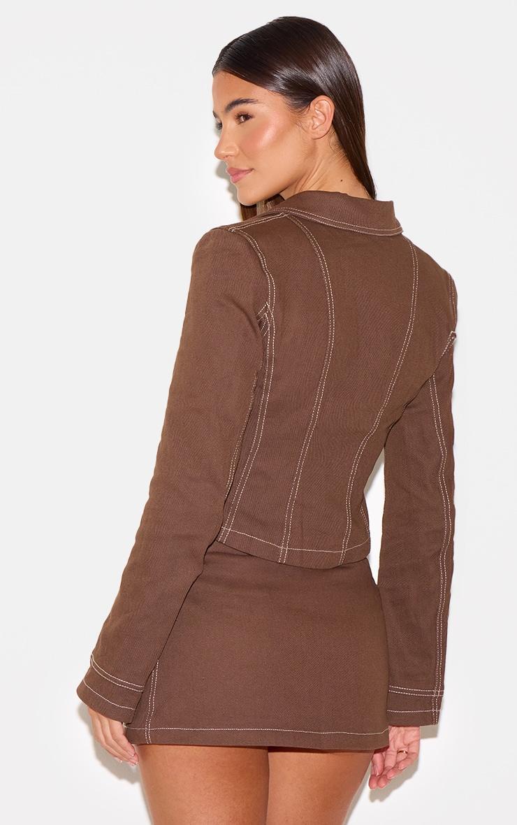 Chocolate  Twill Contrast Stitch Cinched Waist Jacket Product Image