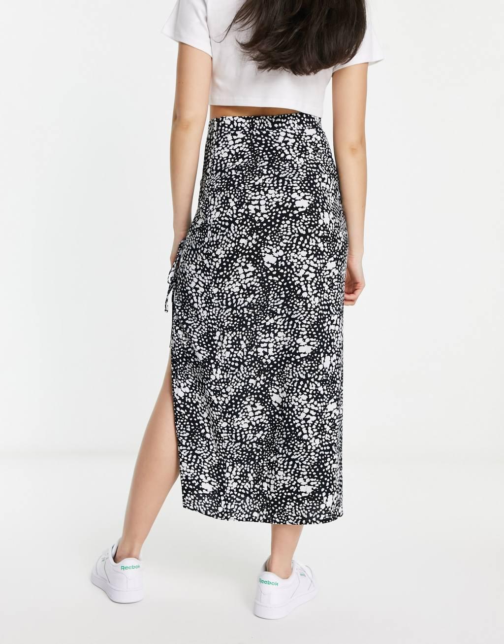 ASOS DESIGN bow detail midi skirt with thigh split in mono smudge print Product Image