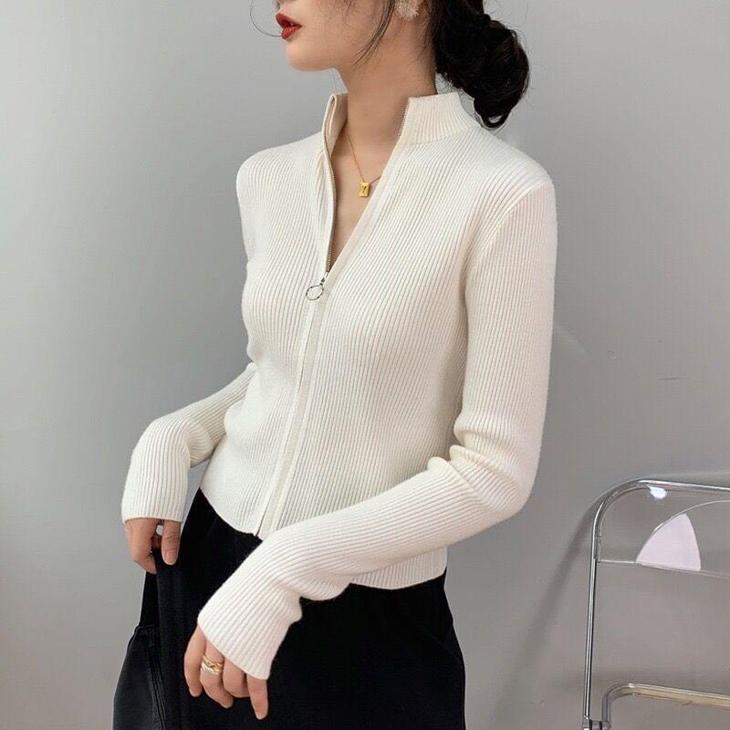 Long Sleeve Plain Ribbed-Knit Zip-Up Cardigan Product Image