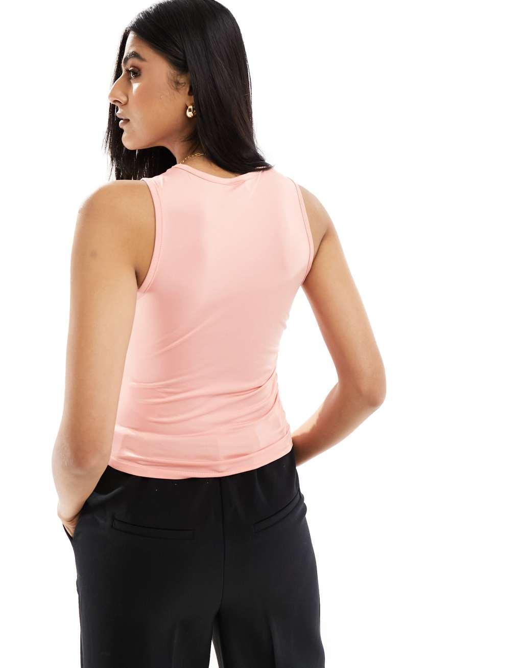 Vero Moda slinky tank top with ruching in peach Product Image