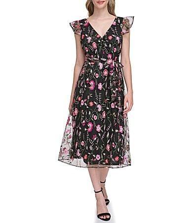 kensie Womens Embroidered V-Neck Ruffle-Trim Dress Product Image