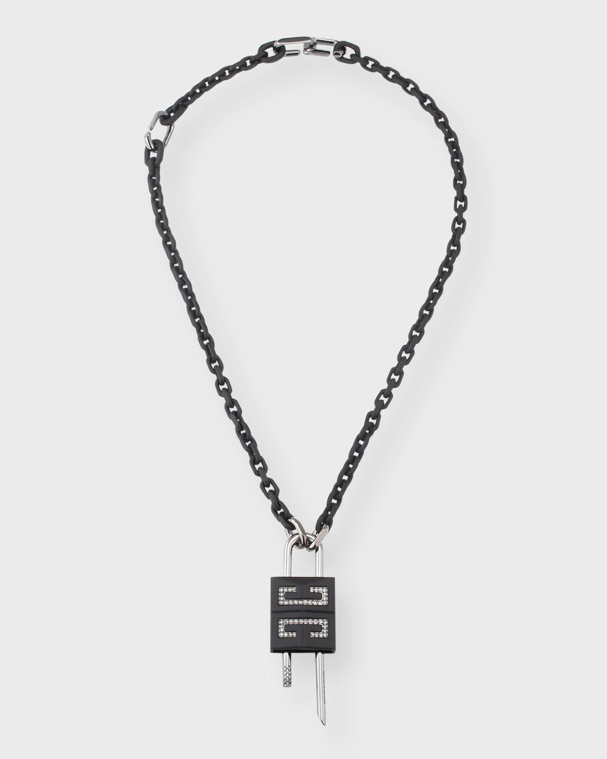 Mens Small Lock Necklace In Metal With Crystals Product Image