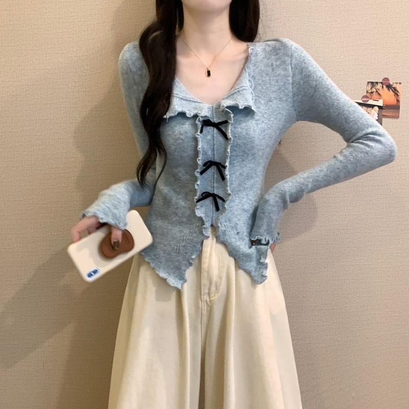 Long Sleeve Open Placket Bow Frill Knit Top Product Image