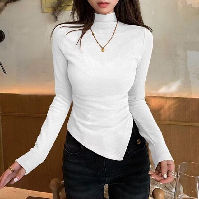 Long-Sleeve Mock Neck Plain Asymmetrical Tee Product Image