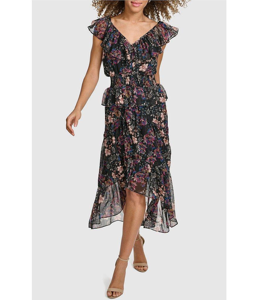 Kensie Floral Print Chiffon V-Neck Flutter Sleeve Ruffle Trim Smocked High Low Dress Product Image