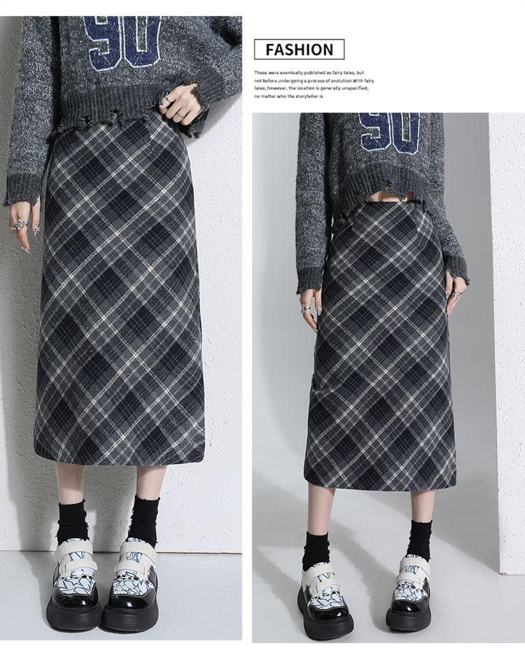 High Waist Plaid Slit Midi Pencil Skirt Product Image