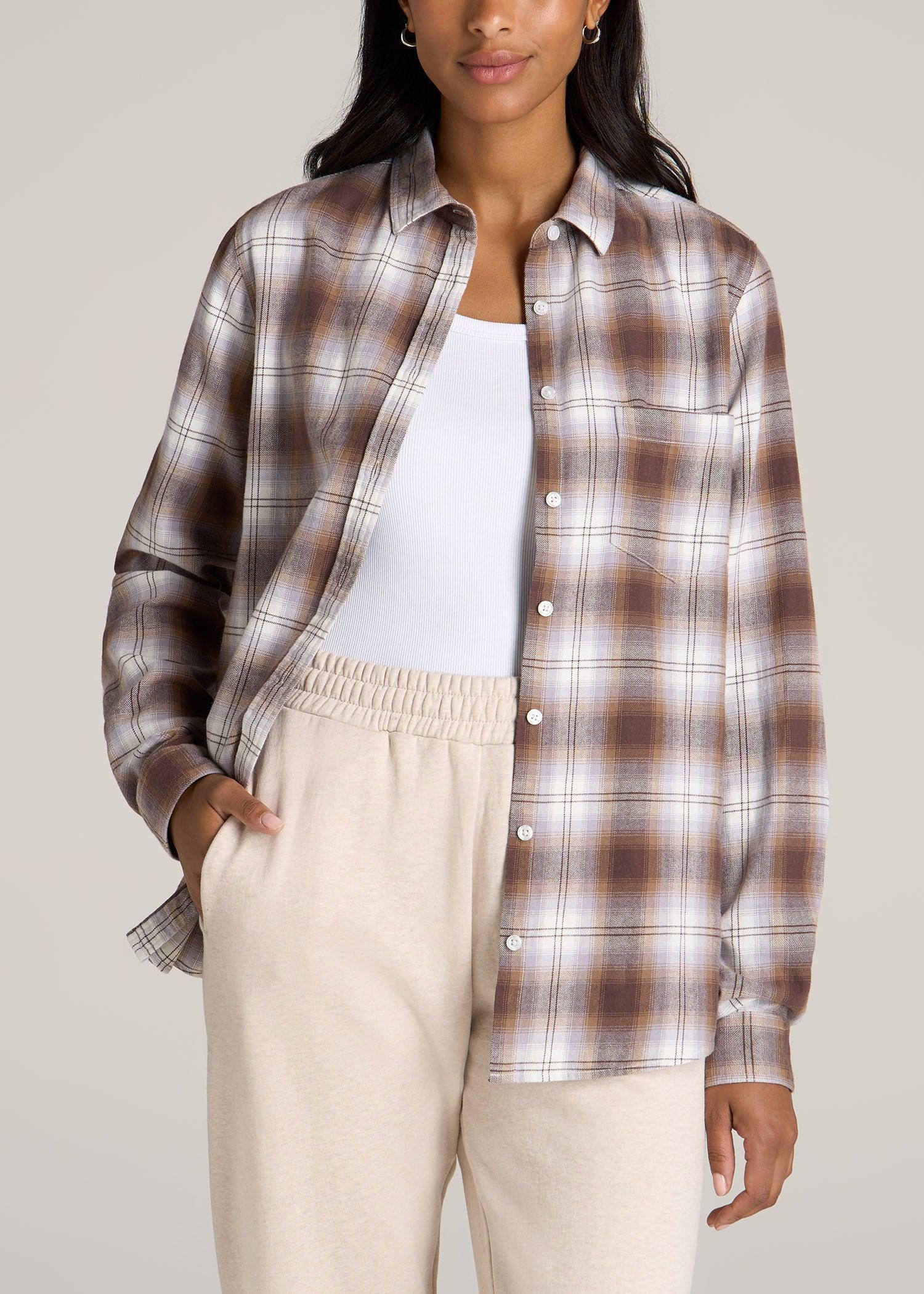 Flannel Button-Up Shirt for Tall Women in Taupe and Grey Female Product Image