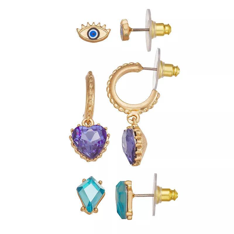 Simply Vera Vera Wang Gold Tone Heart Stud Earrings Trio Set, Womens, Blue Product Image