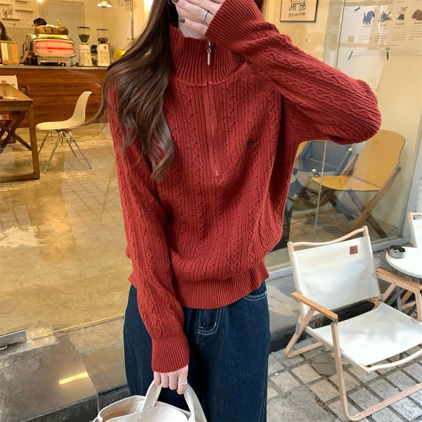 Long-Sleeve Half Zip Embroidered Knit Top Product Image