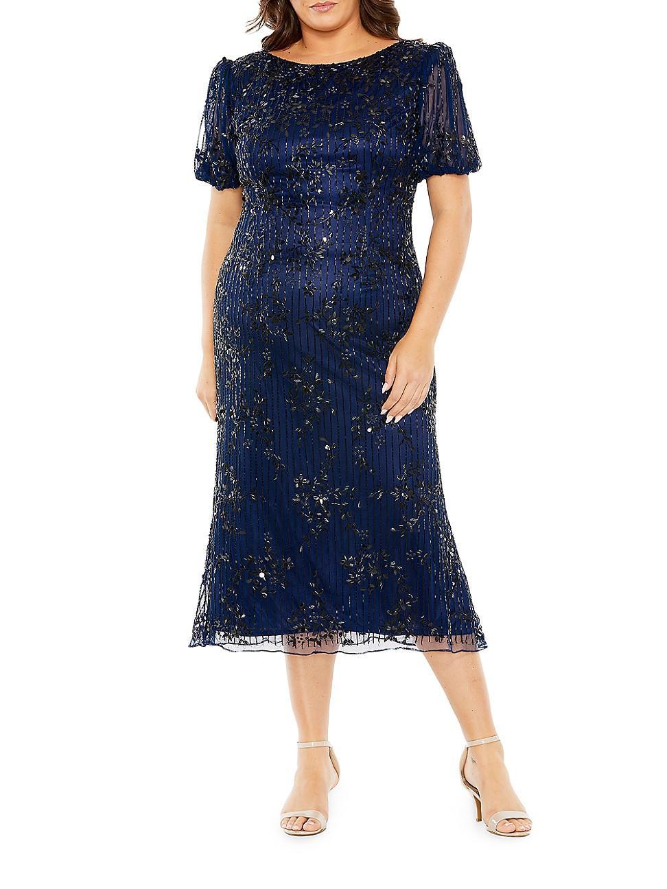 Womens Plus Embellished Tulle Puff-Sleeve Midi-Dress Product Image