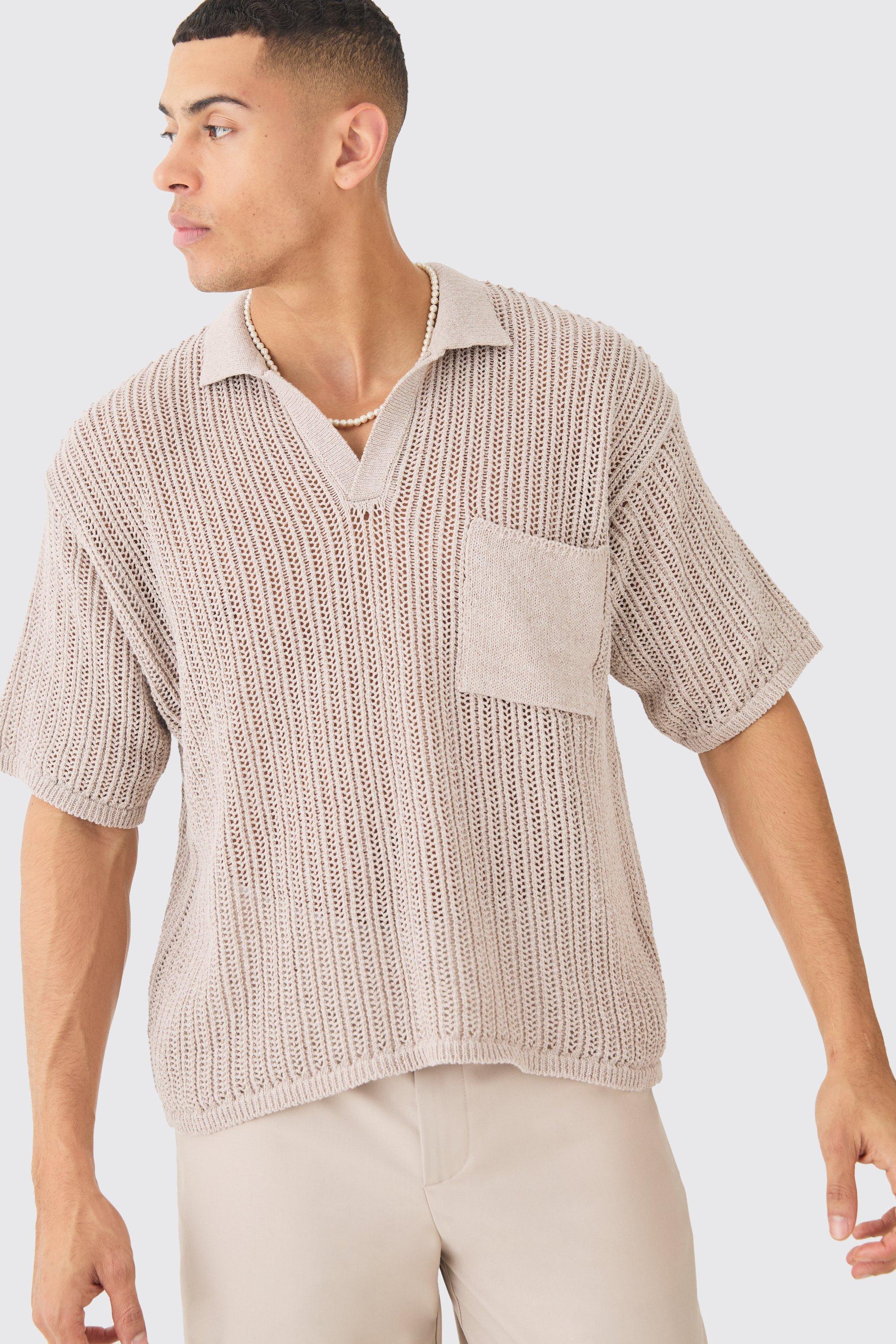 Mens Beige Oversized Boxy Open Stitch Polo With Pocket In Stone, Beige Product Image