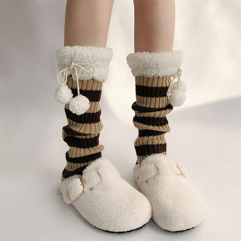 Striped Fleece Trim Pom Pom Knit Leg Warmers Product Image