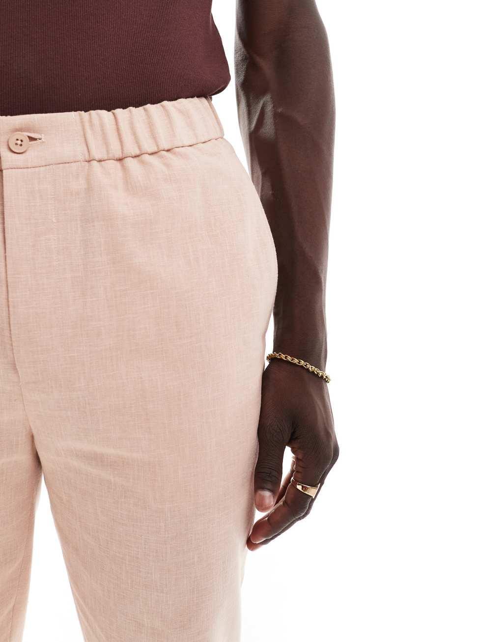 ASOS DESIGN tapered with linen pull-on suit pants in pink Product Image