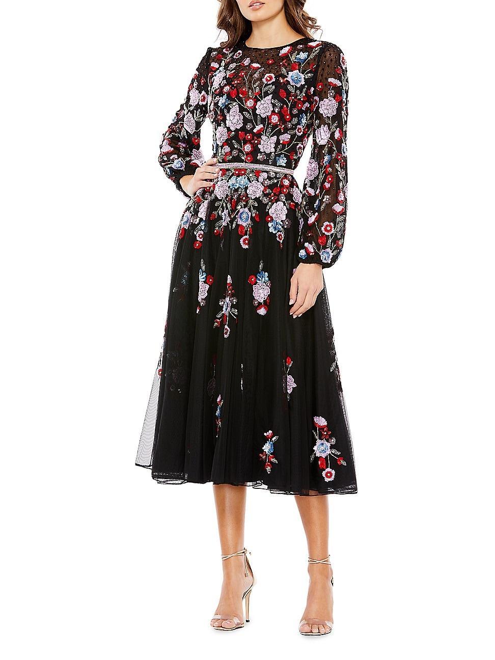 Womens Sequined Floral Billowy-Sleeve Midi Dress Product Image