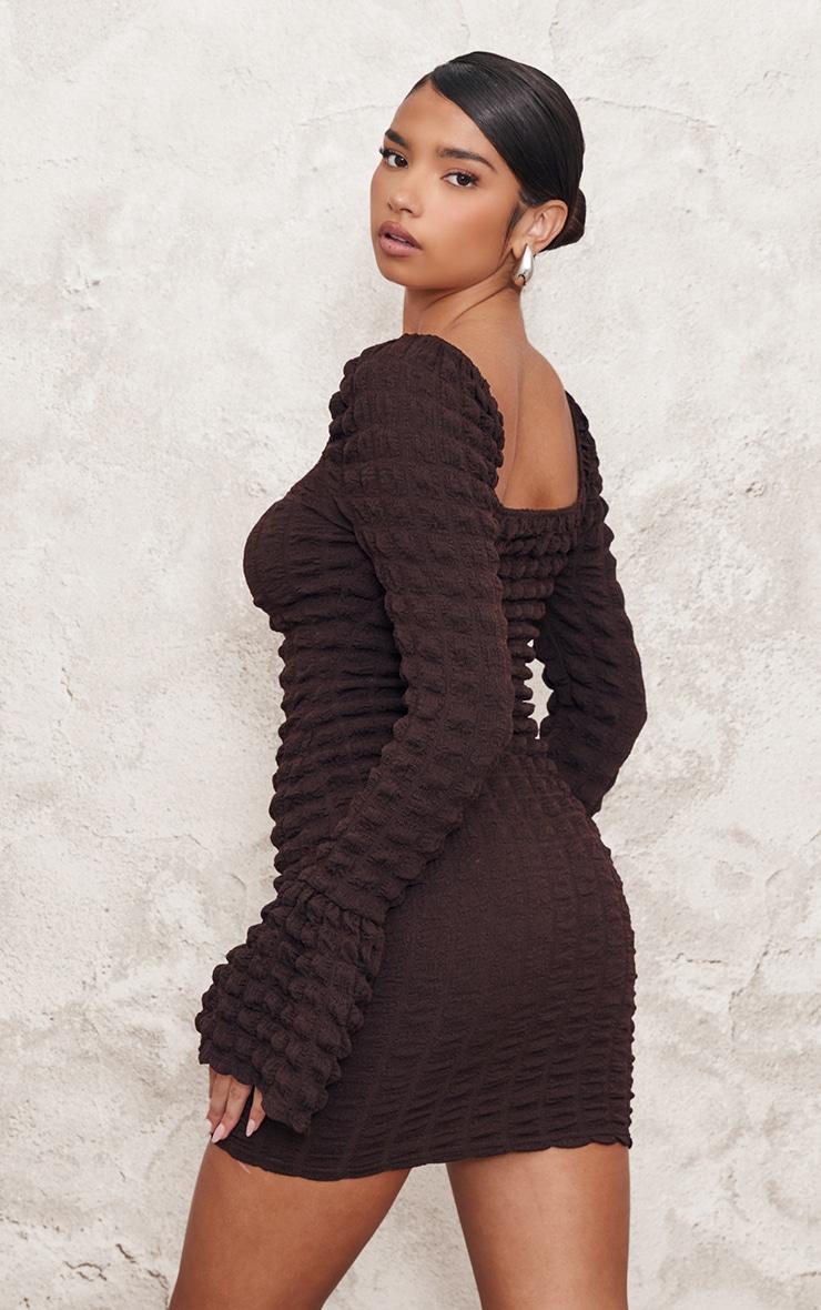 Chocolate Textured Flare Sleeve Bodycon Dress Product Image