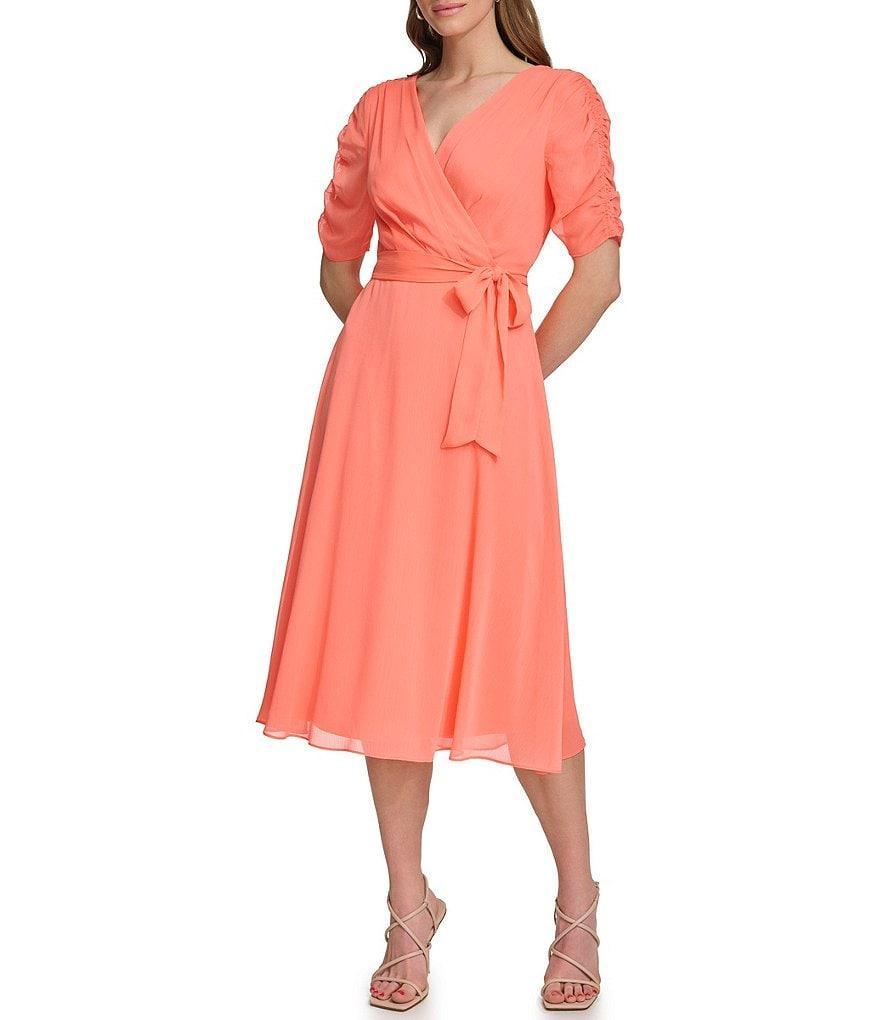 DKNY by Donna Karan V-Neck Ruched Sleeve Chiffon Faux Wrap Midi Dress Product Image