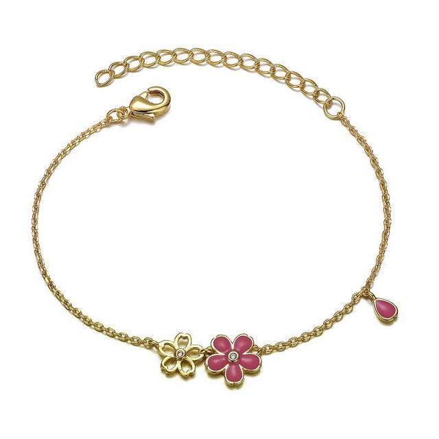 Kids 14k Gold Plated Double Flower Charm Bracelet, Womens Pink Product Image