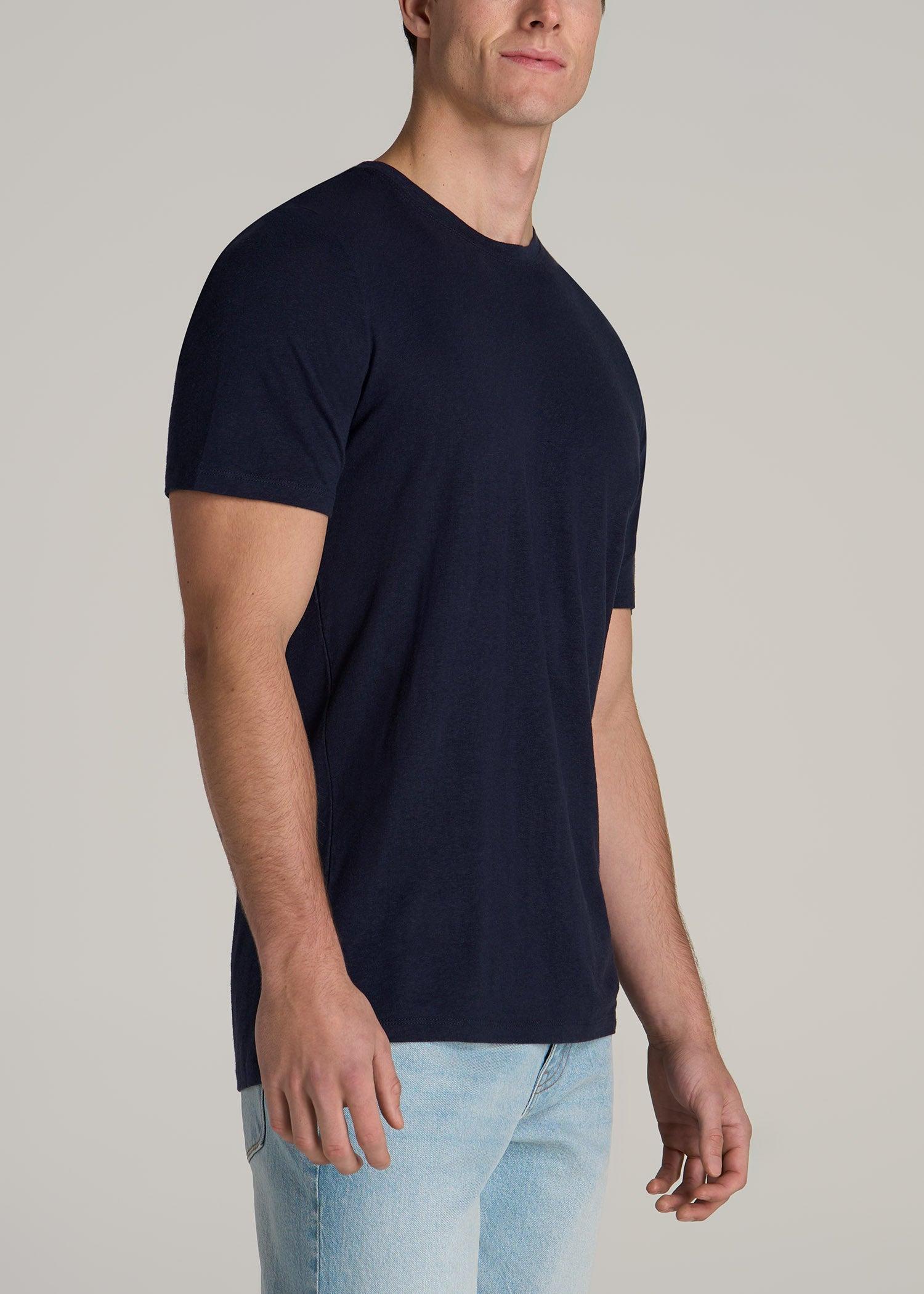 Linen Crewneck T-Shirt for Tall Men in Evening Blue Male Product Image