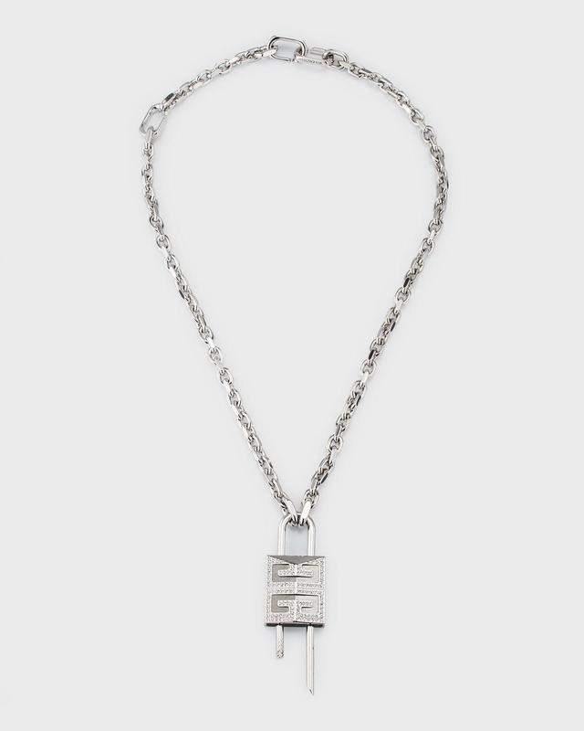 Mens Small Lock Necklace In Metal With Crystals Product Image