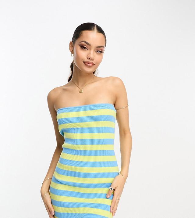 ASOS DESIGN Petite knitted mini bandeau dress in stripe in lime and blue  Product Image