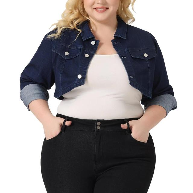 Agnes Orinda Women's Plus Size Classic Denim Long Sleeve Washed Jean Cropped Jacket Black Blue 3X Product Image