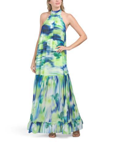 Ikat Halter Gown With Tiered Hemline for Women Product Image