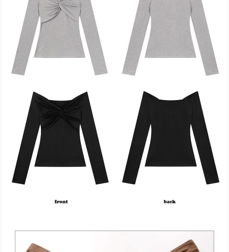 Long-Sleeve Off Shoulder Plain Crop Top Product Image