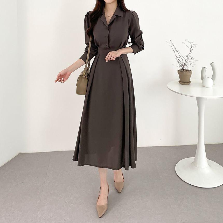 Long-Sleeve Plain Midi A-Line Shirt Dress Product Image