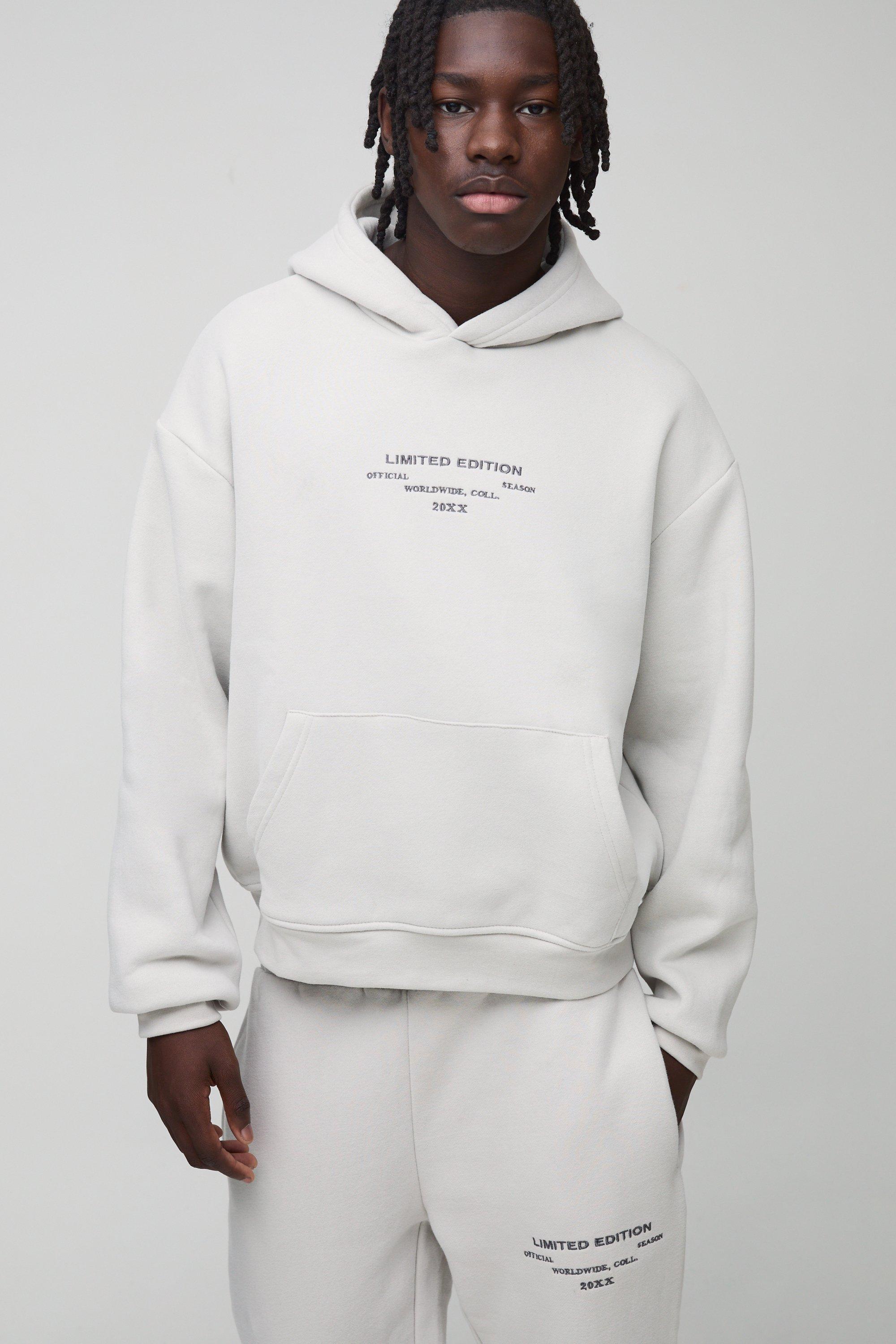 330GSM Oversized Boxy Peached Embroidered Text Hoodie | boohooMAN USA Product Image