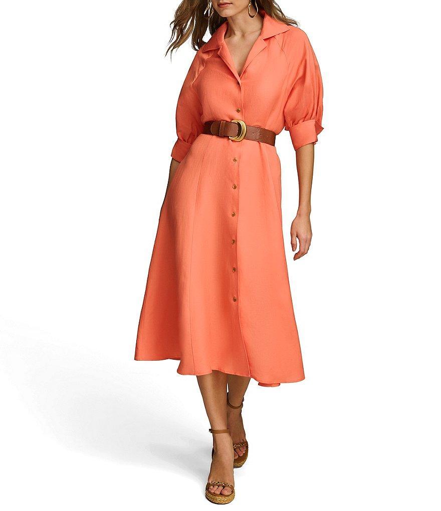 Donna Karan 3/4 Sleeve Collared Neck Belted Linen Blend Midi Shirt Dress Product Image