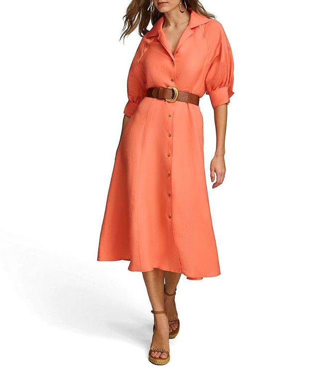 Donna Karan 3/4 Sleeve Collared Neck Belted Linen Blend Midi Shirt Dress Product Image