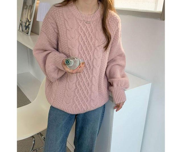 Long-Sleeve Plain Cable Knit Sweater Product Image