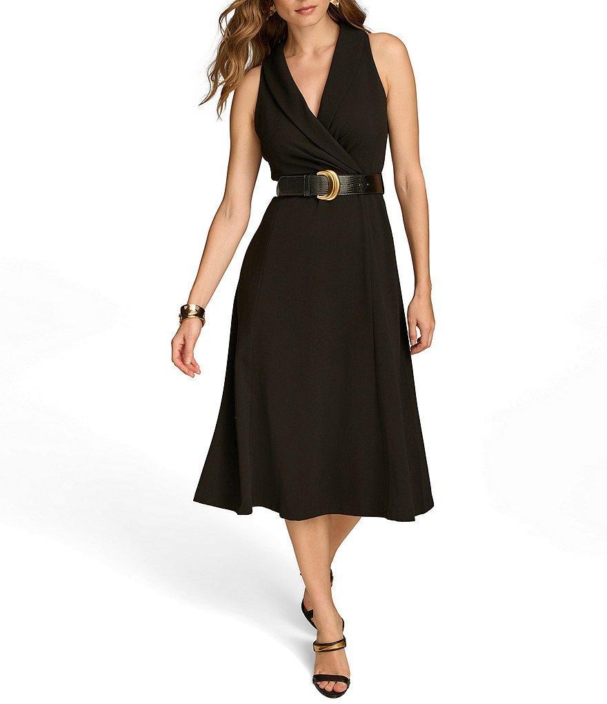 Donna Karan V-Neck Sleeveless Belted A-Line Cady Crepe Midi Dress Product Image