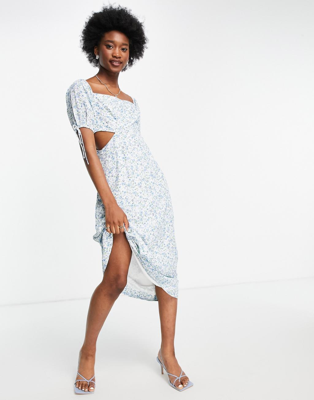 Ever New bardot puff sleeve cut out midi dress in blue ditsy floral Product Image