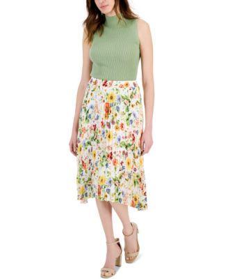 T Tahari Womens Sleeveless Mock Neck Pointelle Sweater Pull On Pleated Midi Skirt Product Image