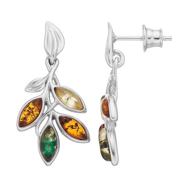 Sterling Silver Amber Leaf Drop Earrings, Womens, Multicolor Product Image