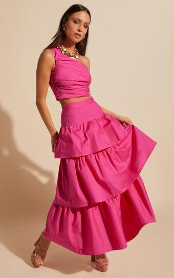 Kaycie Two Piece Set - One Shoulder Asymmetrical Ruched Top and Tiered Midi Skirt Set in Pink Product Image