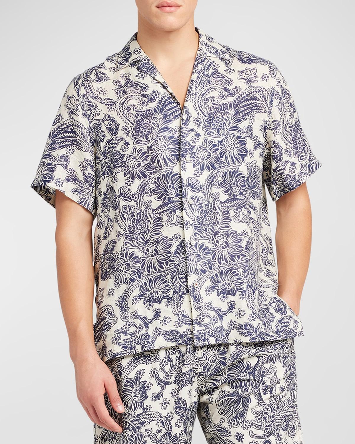 Mens Tindaro Linen Printed Camp Shirt Product Image