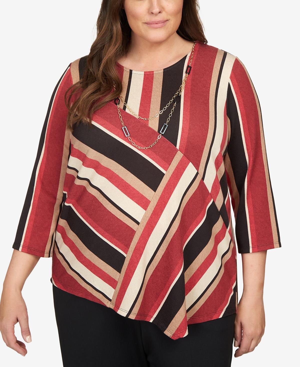 Alfred Dunner Plus Size Park Place Spliced Stripe Asymmetric Hem Top Product Image