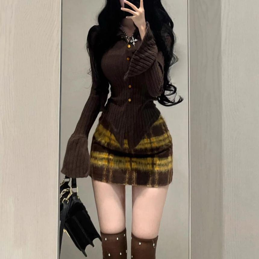 Long Sleeve Collared Plain Button Ribbed Top / High Waist Plaid Mini Pencil Skirt Product Image