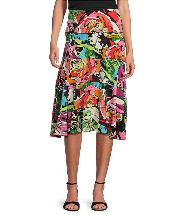 Eva Varro Floral Print Knit Jersey Ruffled 5-Tiered A-Line Coordinating Midi Skirt Product Image