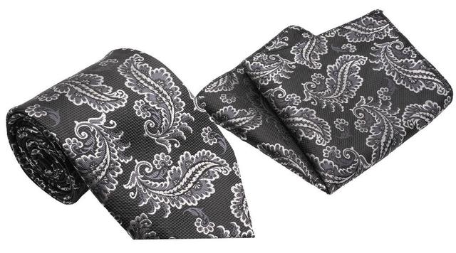 Black Silver Scroll Pattern Men's Classic Tie and Pocket Square Set Product Image