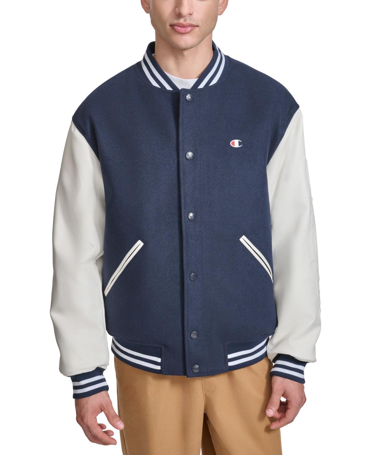 Champion Mens Colorblocked Mixed-Media Varsity Jacket - Navy Product Image