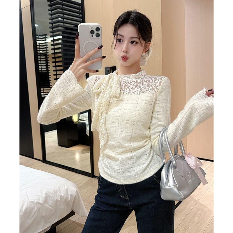 Long Sleeve Mock Neck Plain Bow Panel Lace Top Product Image